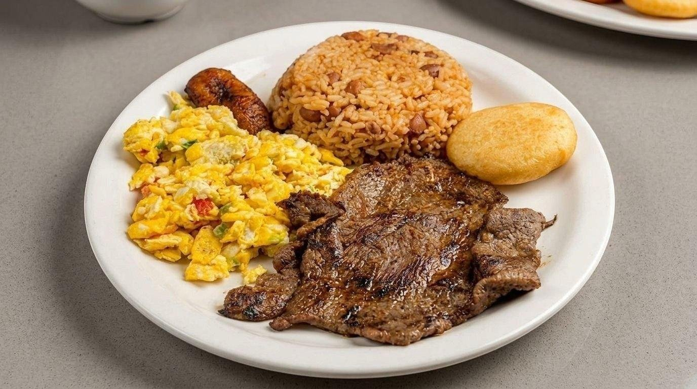 Calentado breakfast plate with rice, beans, steak, and eggs