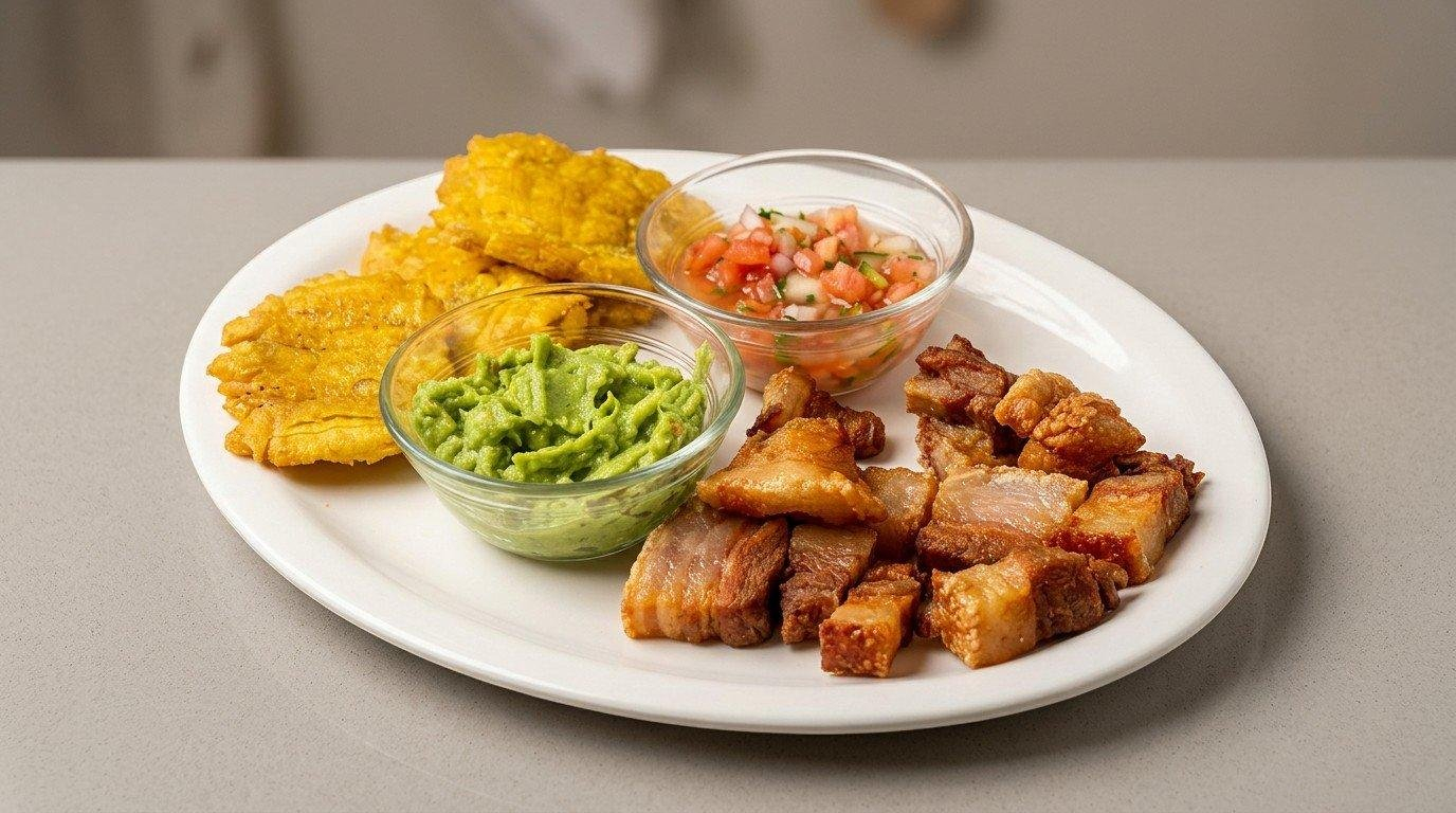 Guacamole con chicharrón y tostones
